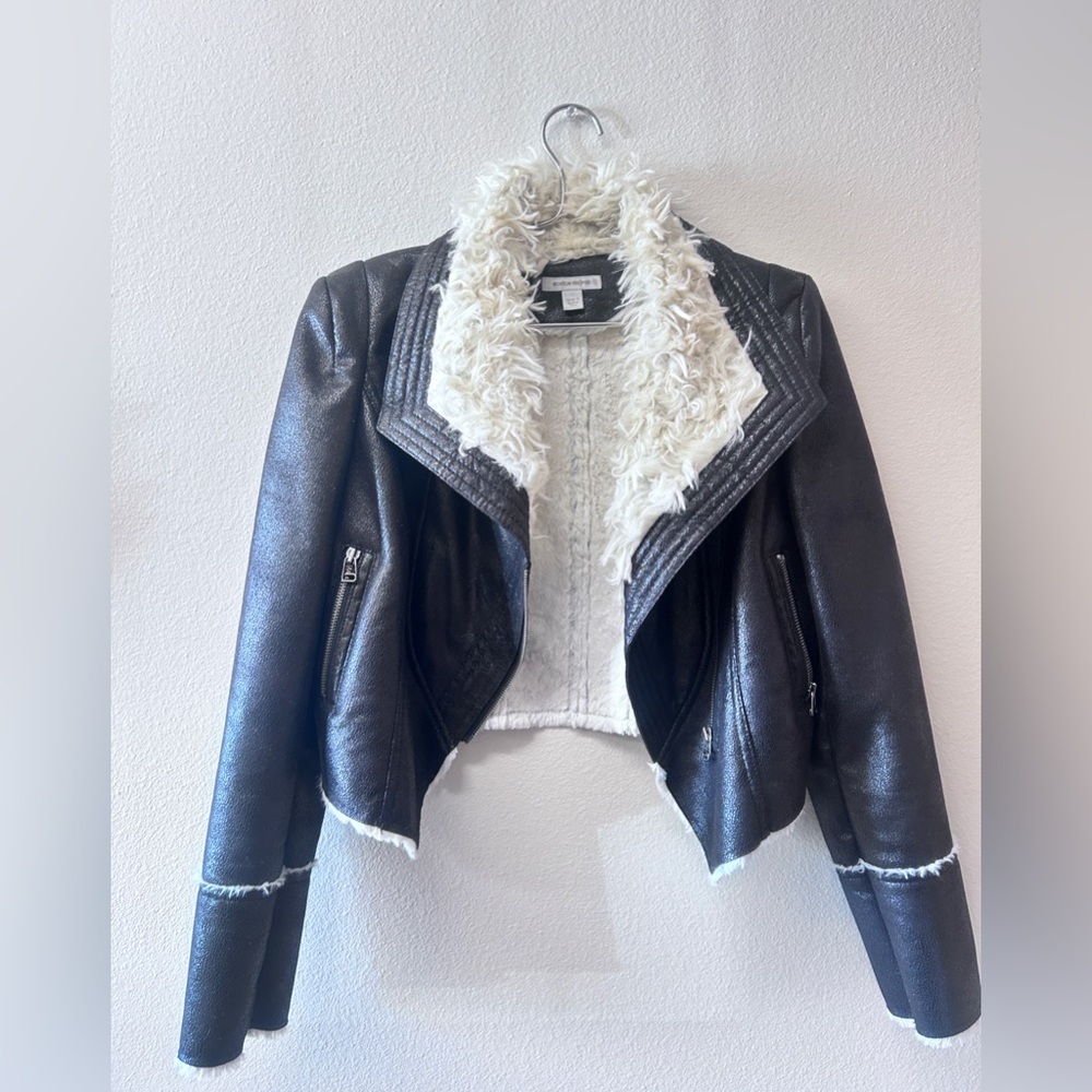 Boston Proper Black Faux Leather Off White Shearling Collar Moto Jacket size S